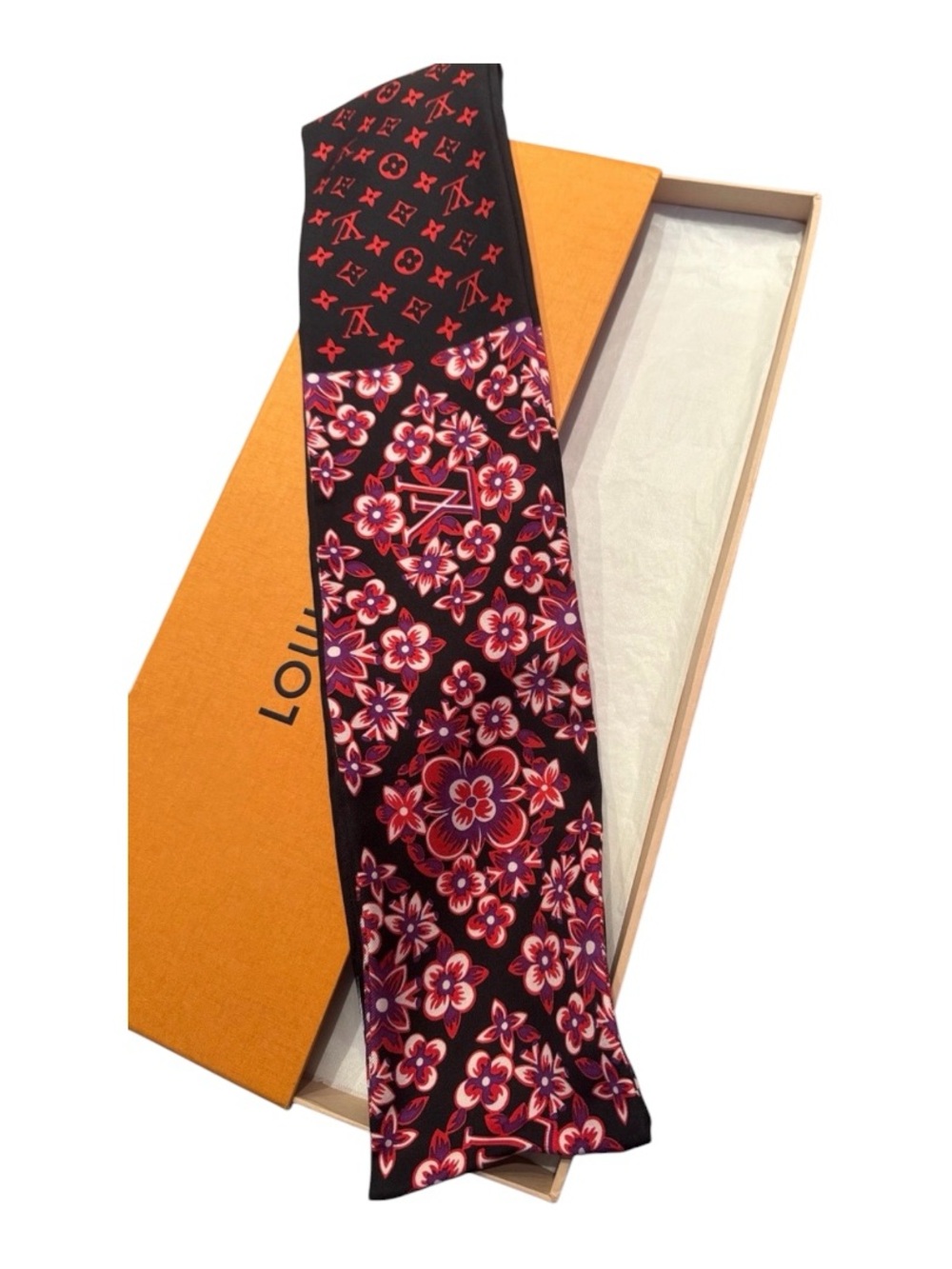 Louis Vuitton Silk Twilly Scarf Black Red Floral Monogram Bandeau - Picture 3 of 3